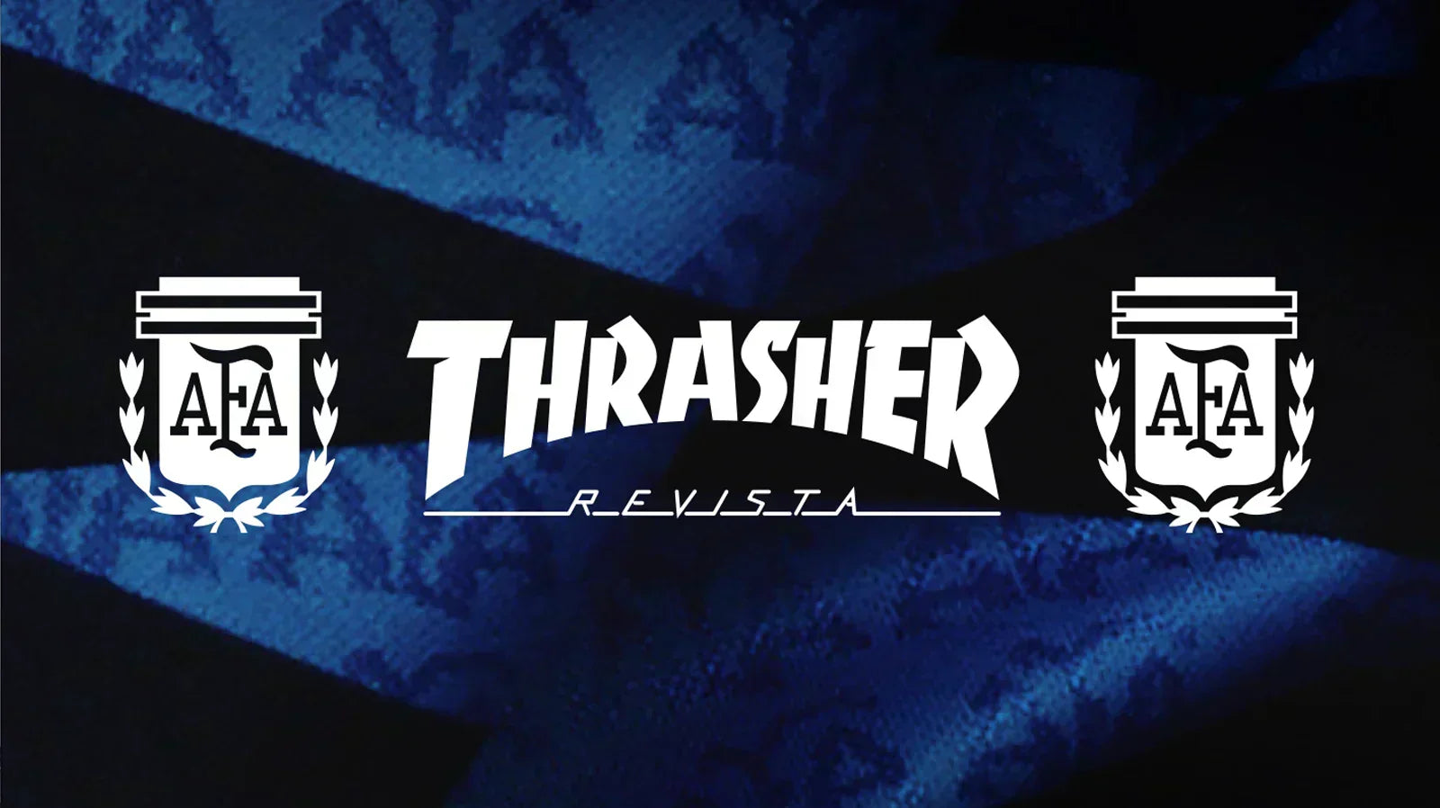 adidas Skateboarding x Thrasher Magazine x Argentina Football Association banner featuring Thrasher Revista logo and AFA crest logos on blue and black checkered background