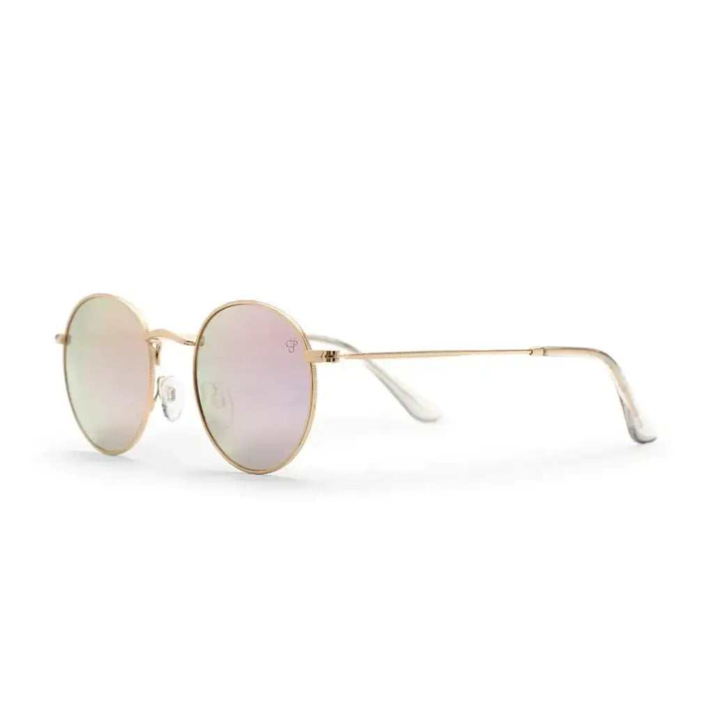 CHPO Brand Liam Sunglasses in gold with pink mirrored lenses, stylish design inspired by rock star Liam Gallagher.