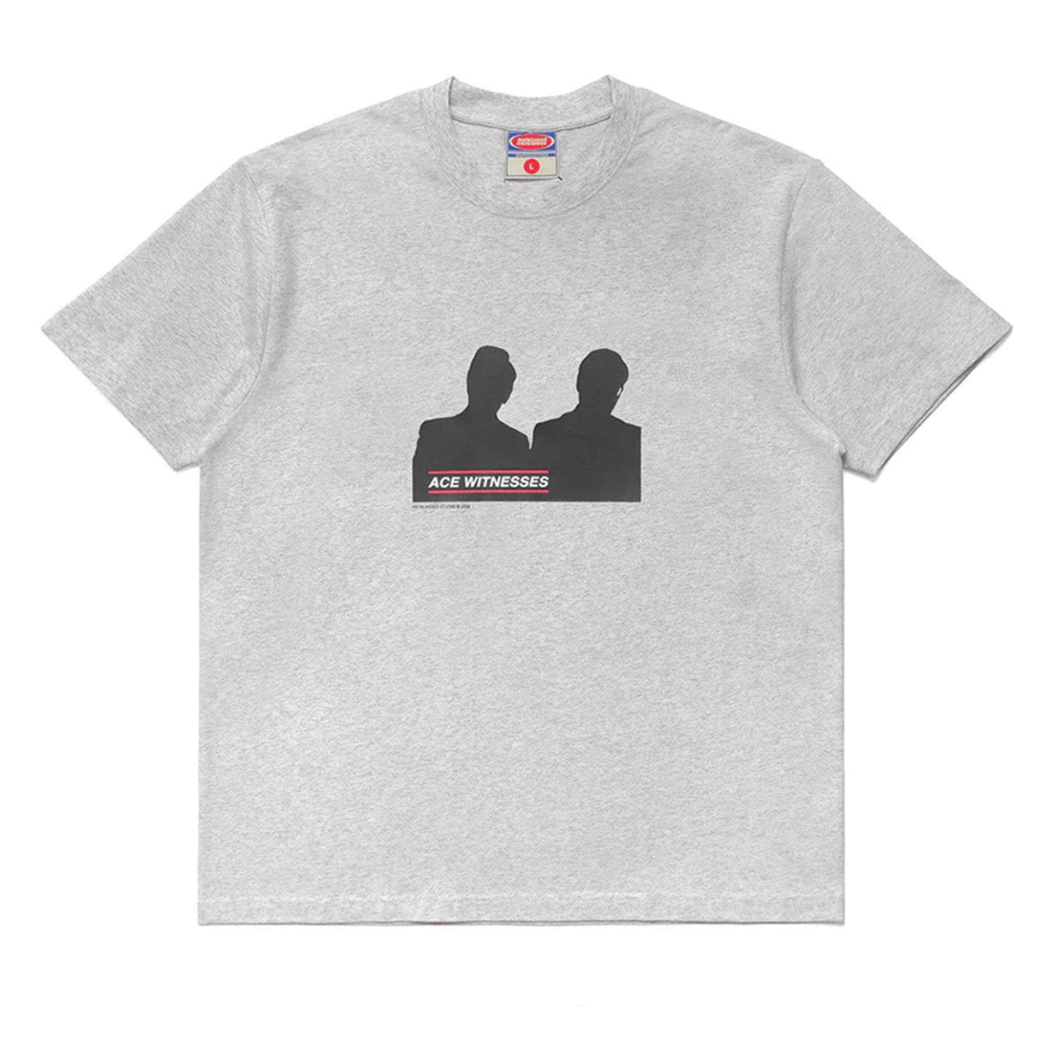 Gray Metalwood Studio Attest t-shirt with black silhouette graphic and 'ACE WITNESSES' text on a white background