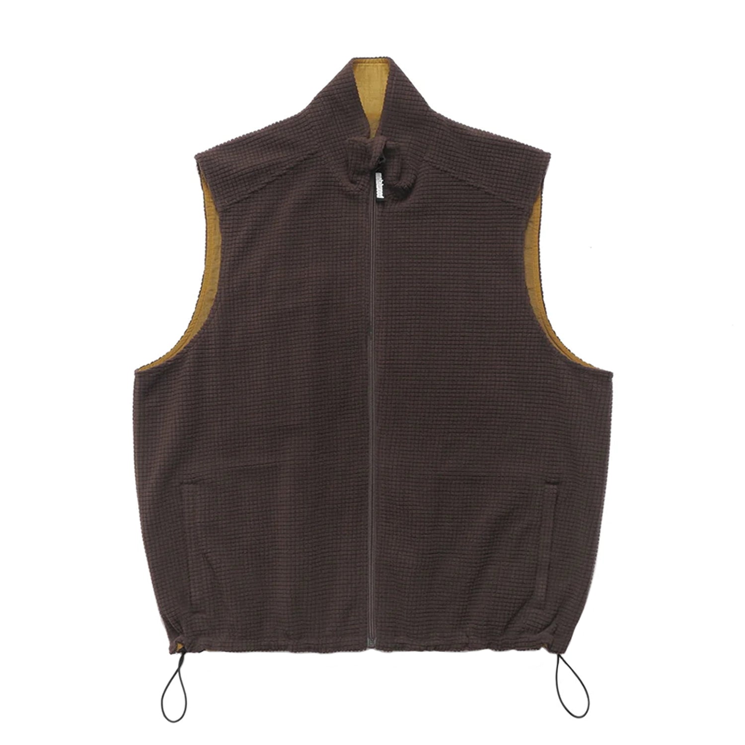Brown Dijon Metalwood Studio Trail Mix vest with a zipper on a white background