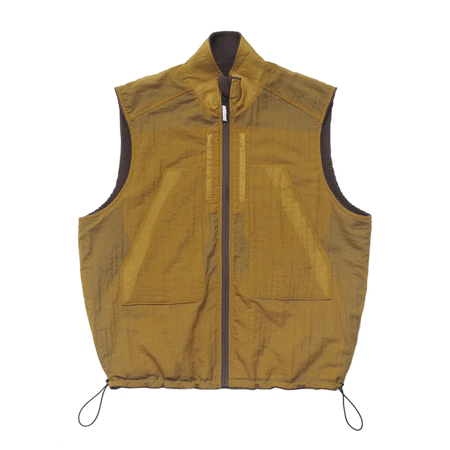 Dijon Yellow Metalwood Studio Trail Mix vest with a zipper on a white background
