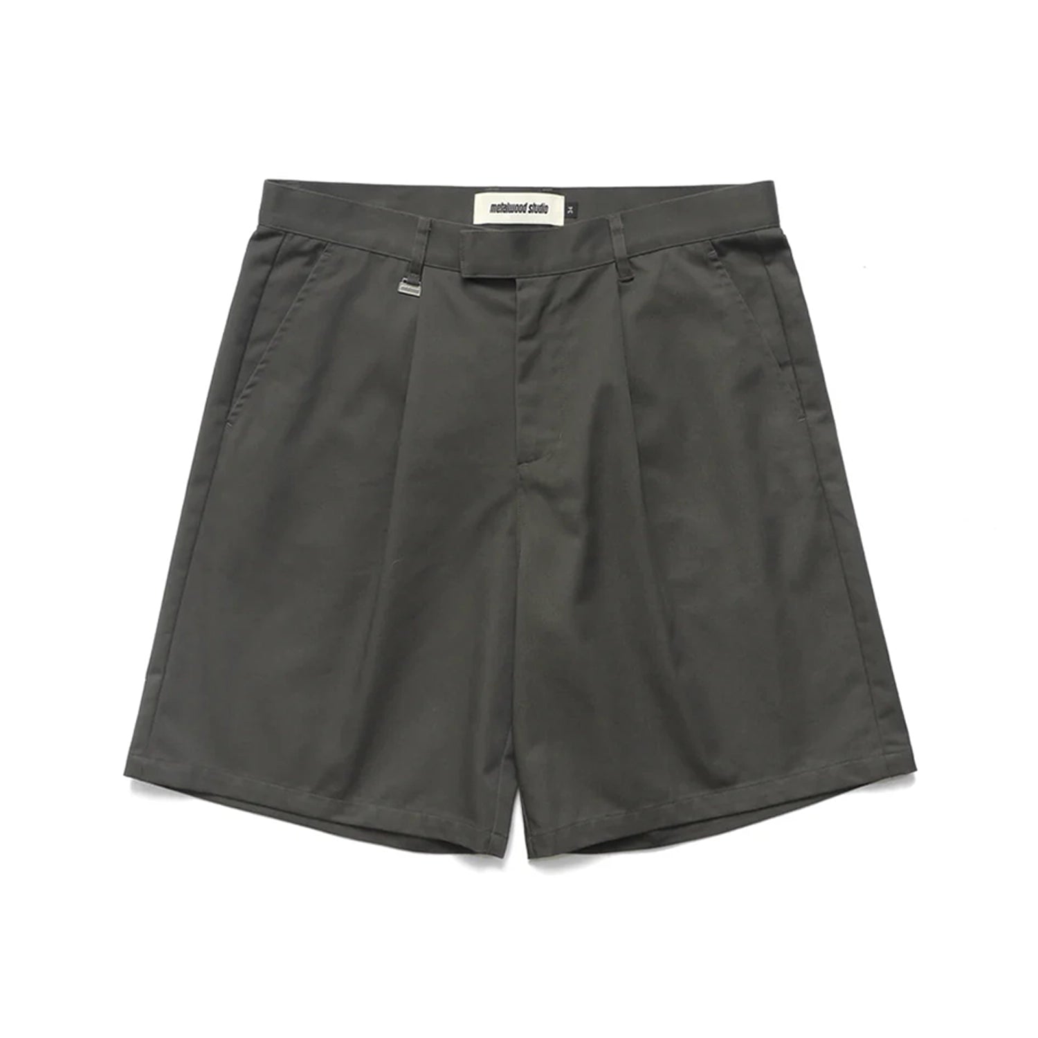 Olive Metalwood Studio Trophy Shorts with a brand label on a white background