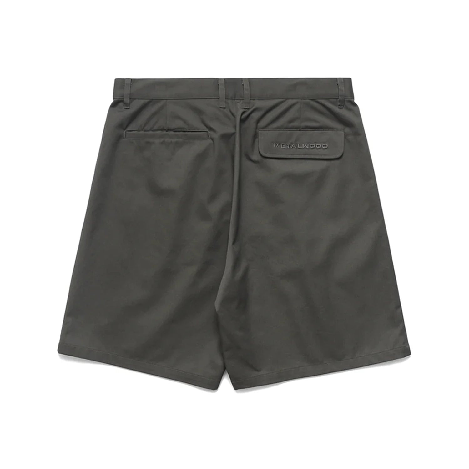 Olive Metalwood Studio Trophy Shorts with a brand label on the back pocket on a white background