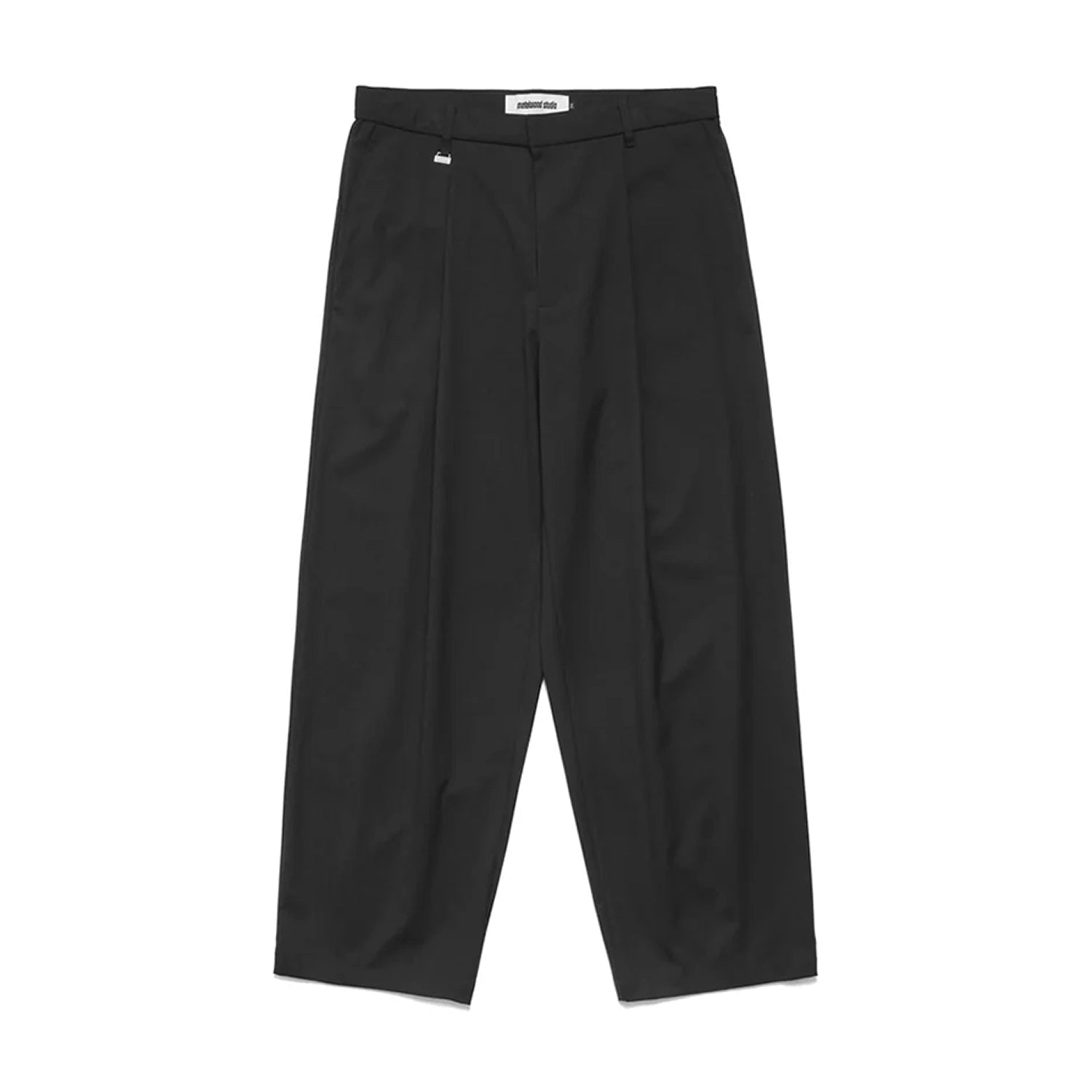 Black Metalwood Studios Trophy pants with pleated front on a white background