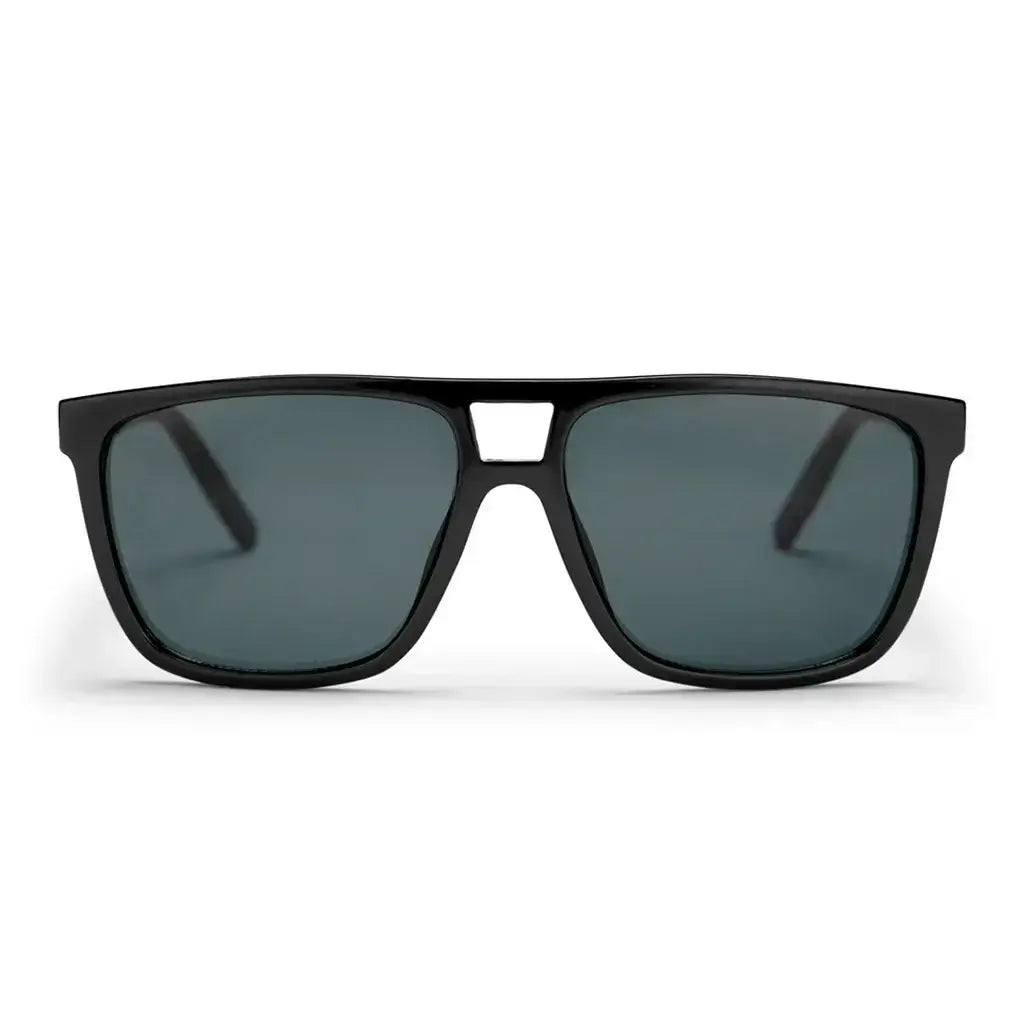 Black CHPO Siljan sunglasses with black lenses, designed in Sweden, made from recycled plastic.