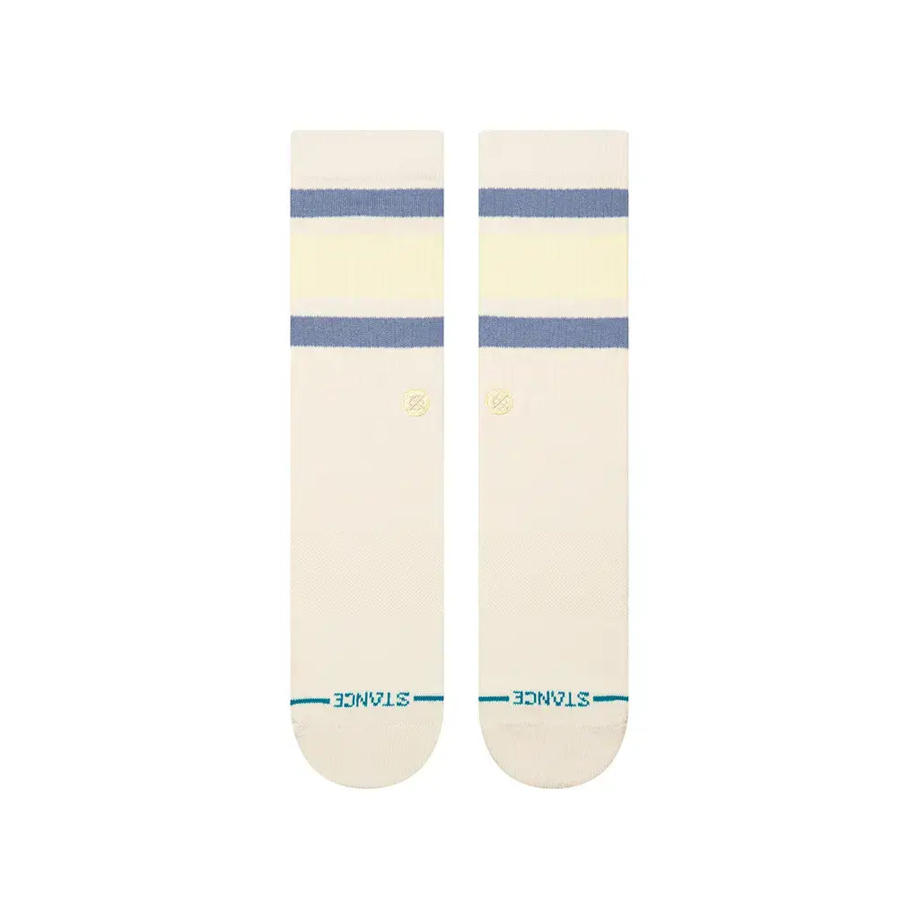 Stance Boyd Street Crew Socks in butter color with blue stripes, made from cotton blend for comfort.
