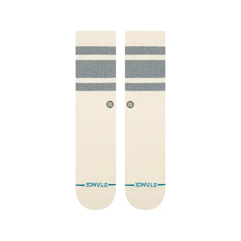 Stance Boyd Street Crew Socks in Canvas - Classic crew height, medium cushion, cotton blend with gray stripes.