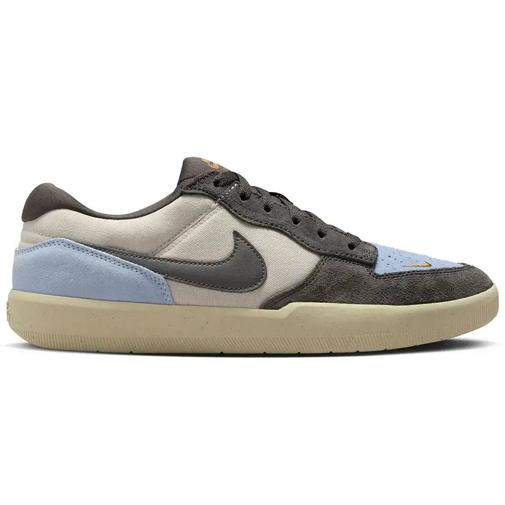 Nike SB Force 58 sneaker in LT OREWOOD BRN, MEDIUM ASH, and PSYCHIC BLUE, featuring a stylish cupsole and retro design.