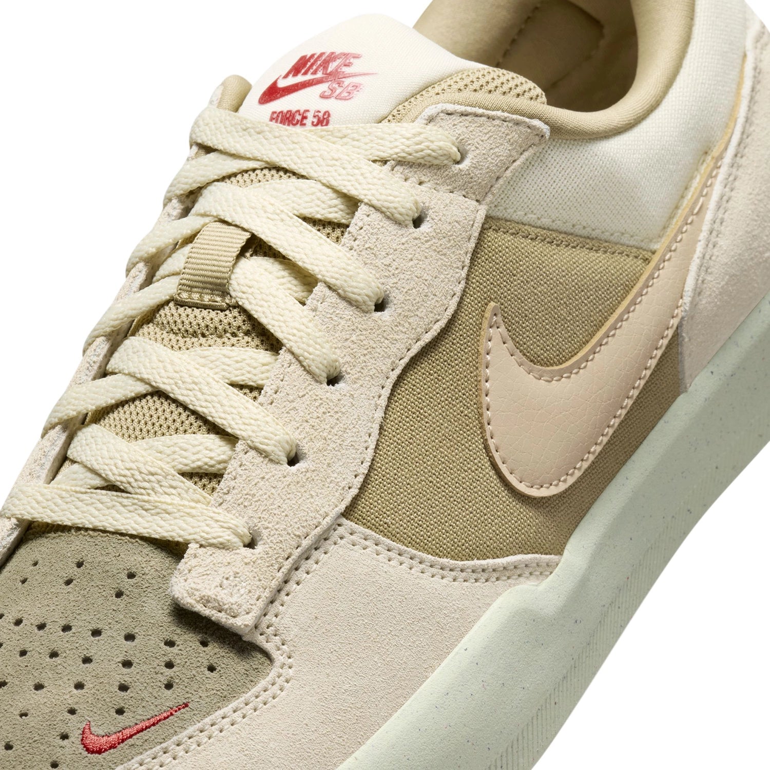 Close up of Coconut Milk Nike SB Force 58 men's skateboard sneaker on a white background