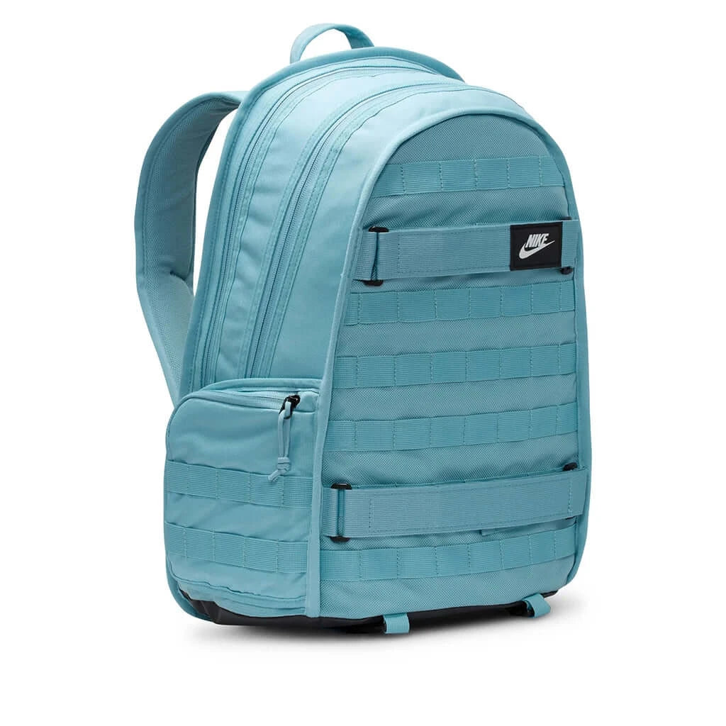 Nike RPM Backpack 2.0 in denim turquoise color with multiple zippered pockets and padded back for comfort.