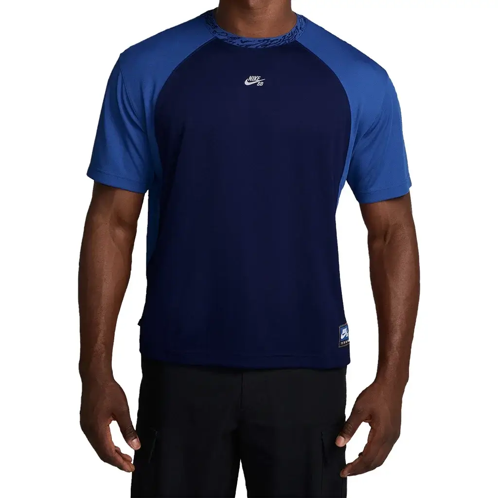 Blue Nike SB Dri-FIT Skate T-Shirt featuring breathable fabric and a roomy fit for comfort and mobility.