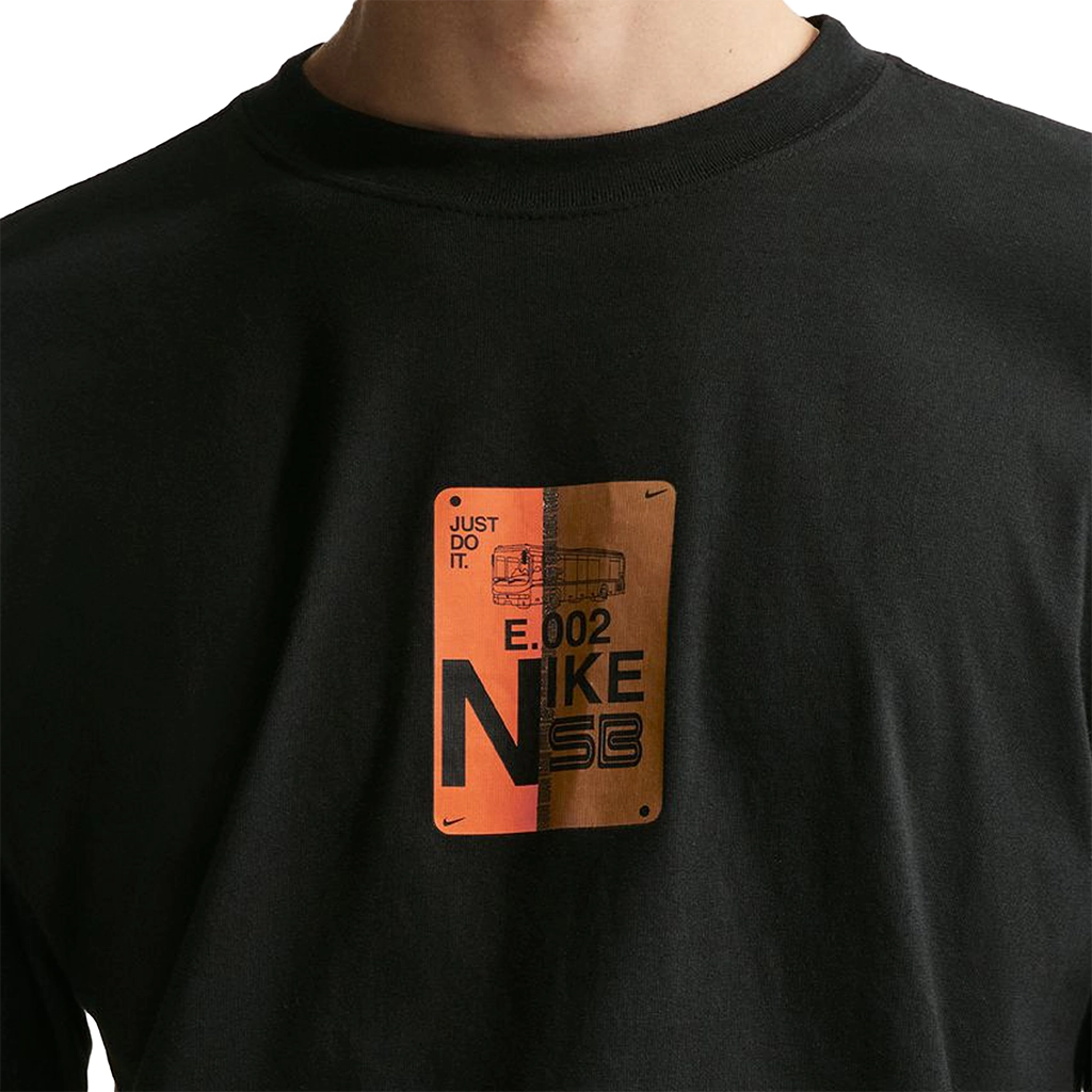 Black Nike SB Muni-Pass t-shirt with a unique design on the chest featuring text and a logo.