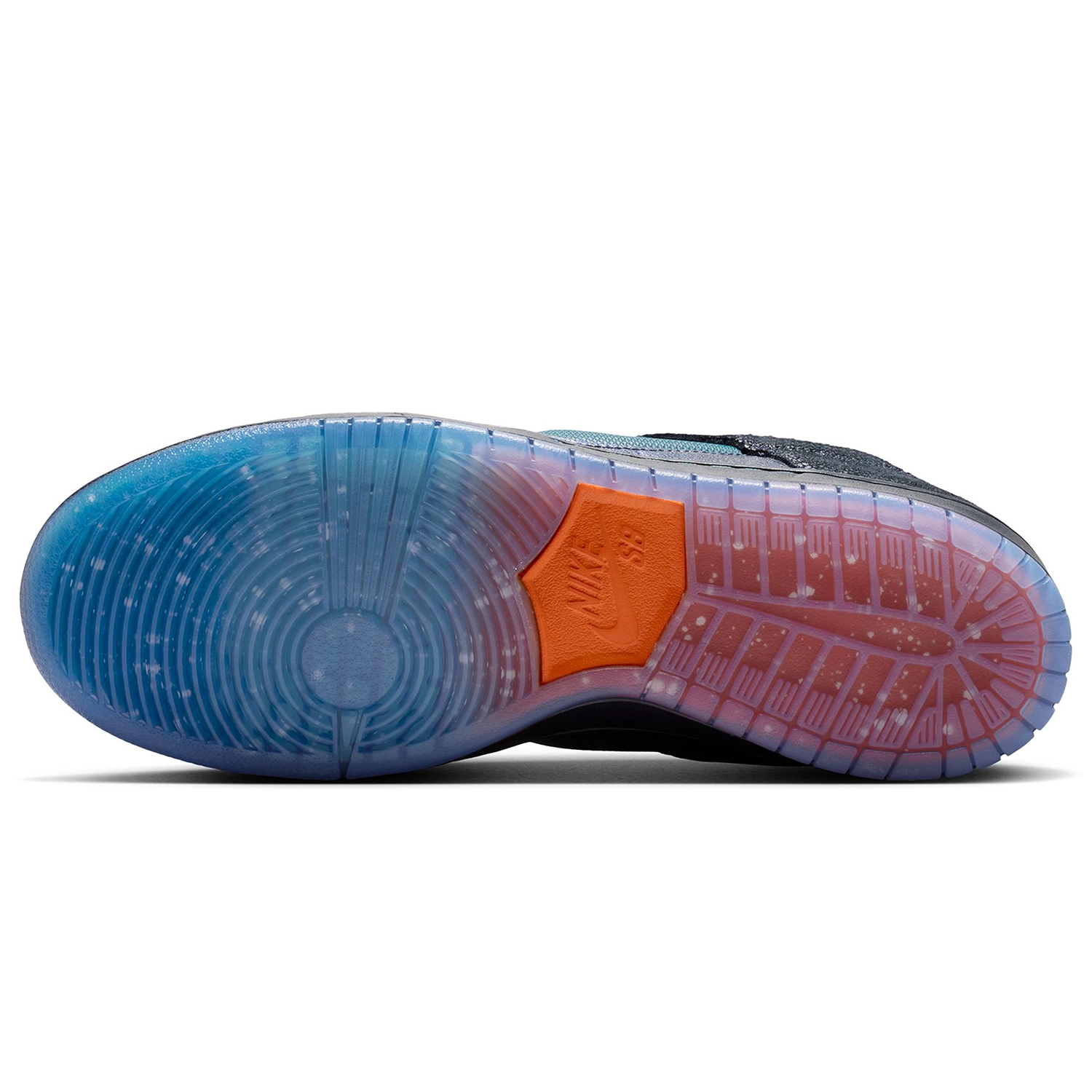 Outsole of Black and marina Nike SB Dunk Low Pro men's skateboarding sneaker on a white background