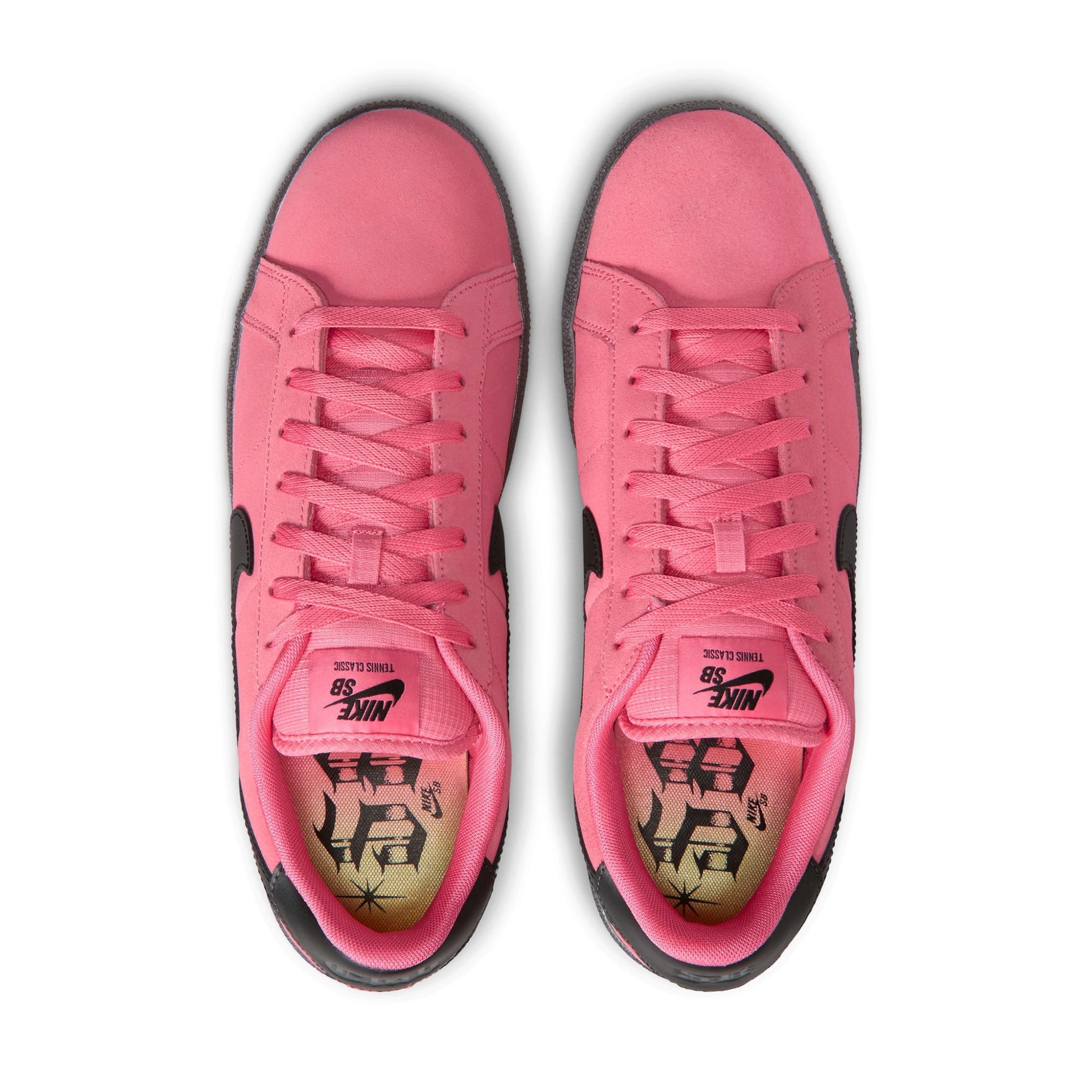 Top view of Hyper Pink Nike SB Zoom Tennis Classic skateboard sneakers with black sole and swoosh branding on a white background