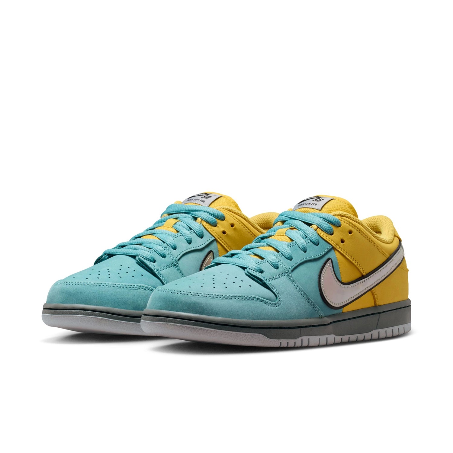 A pair of Lightening wolf grey Nike SB Dunk Low Pro men's skateboard sneakers on a white background