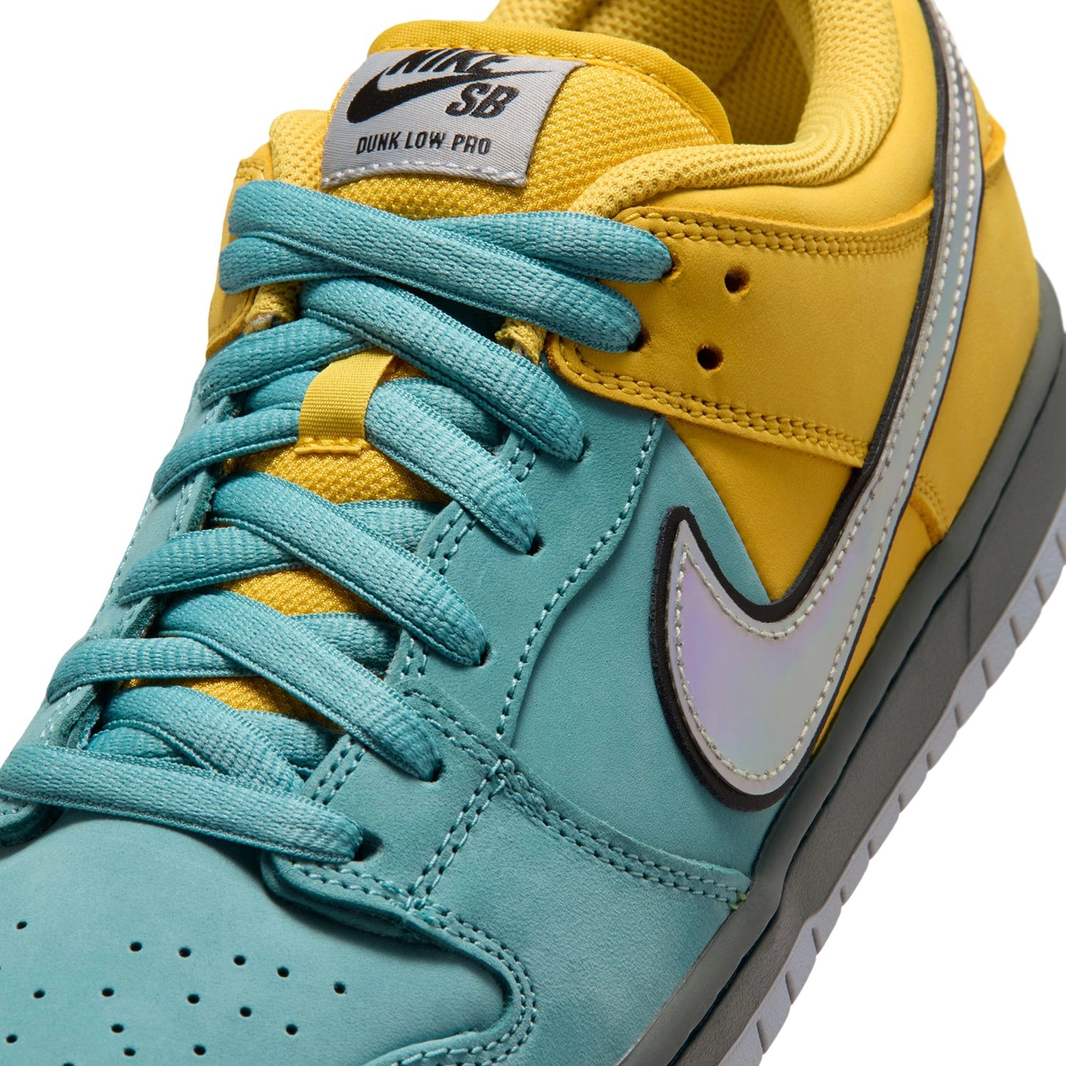 Front of Lightening wolf grey Nike SB Dunk Low Pro men's skateboard sneaker on a white background
