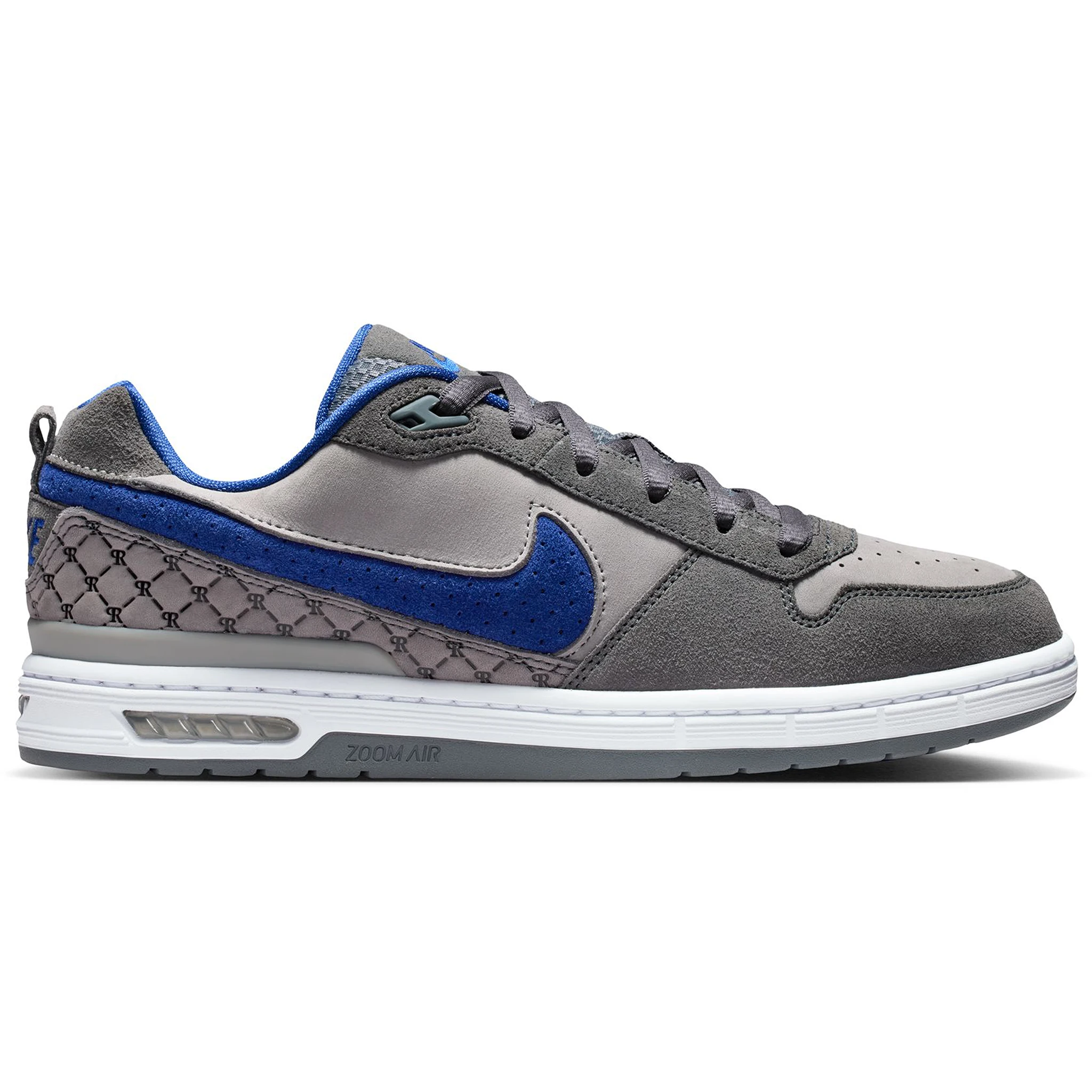 Flint grey Nike SB Paul Rodriguez Zoom Air skateboard sneaker with royal navy swoosh on a white background