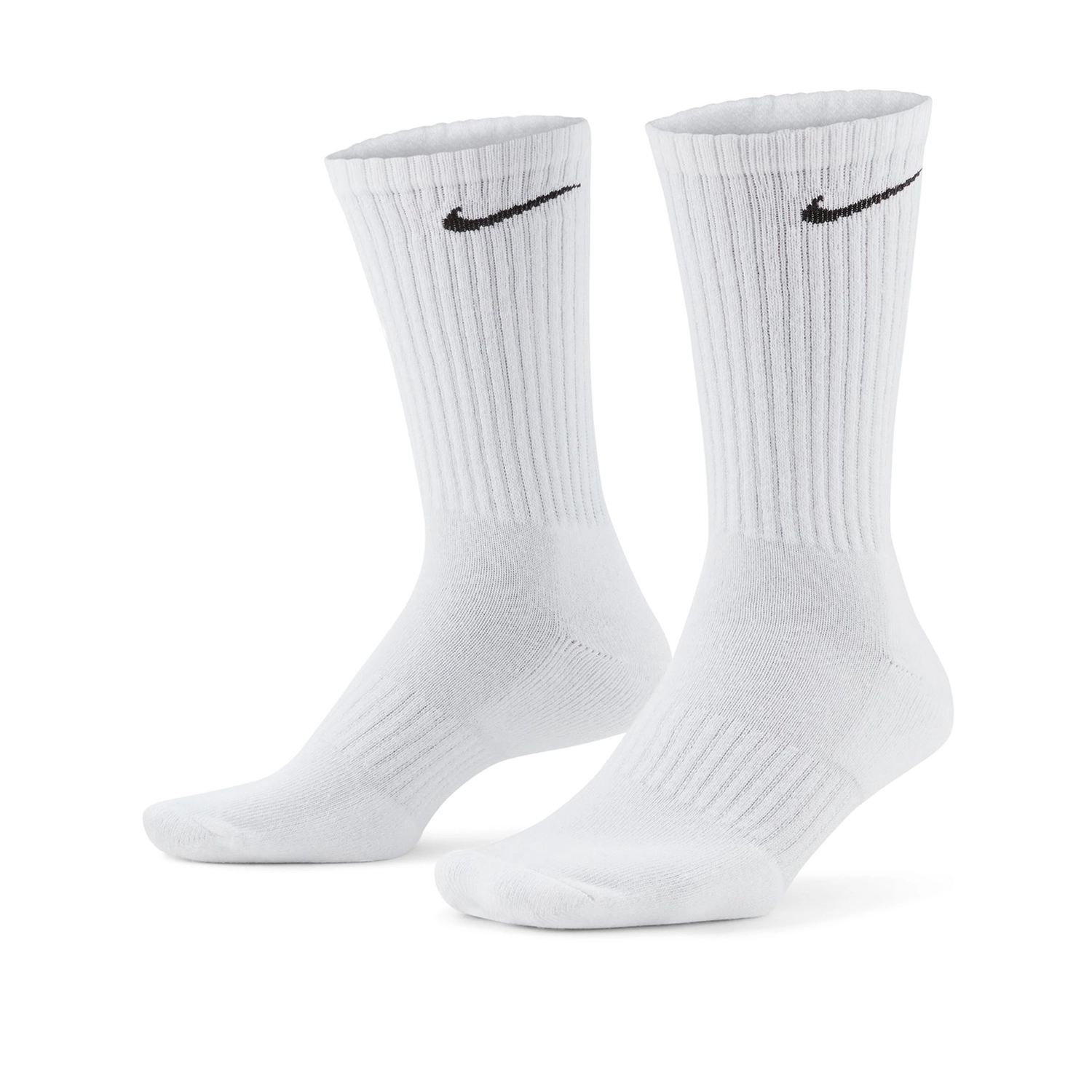 Two white socks with black Nike logos on a white background