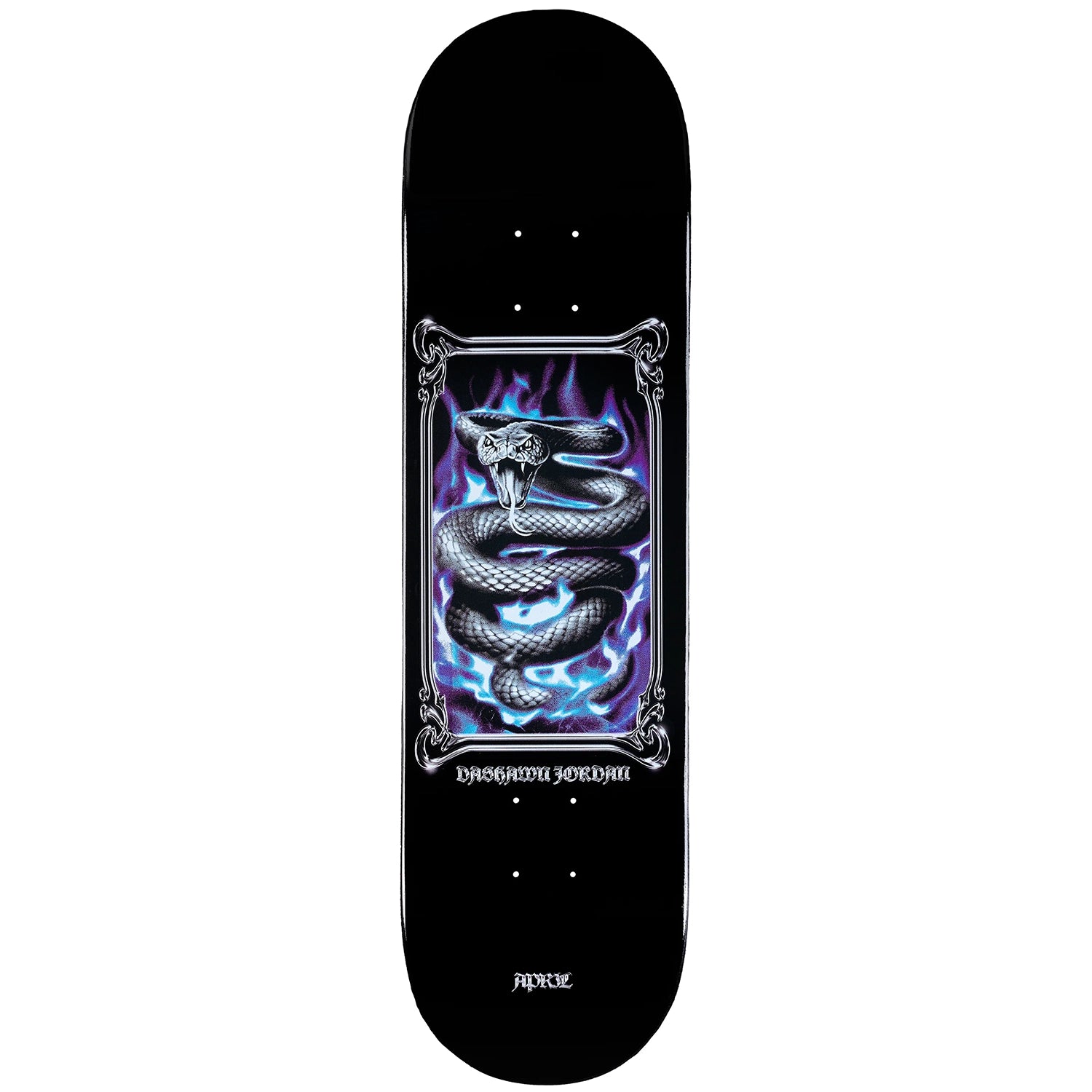 April Skateboards Diamond Back skateboard deck with a snake design on a white background