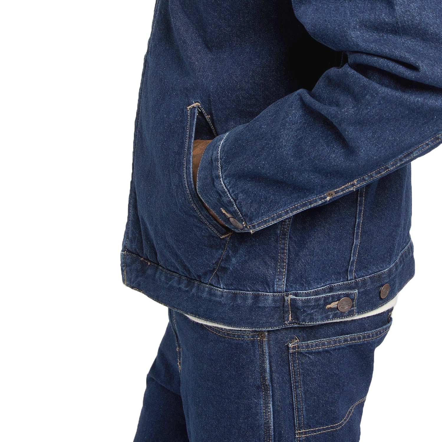 Close-up of a Dickies blue denim jacket on a white background