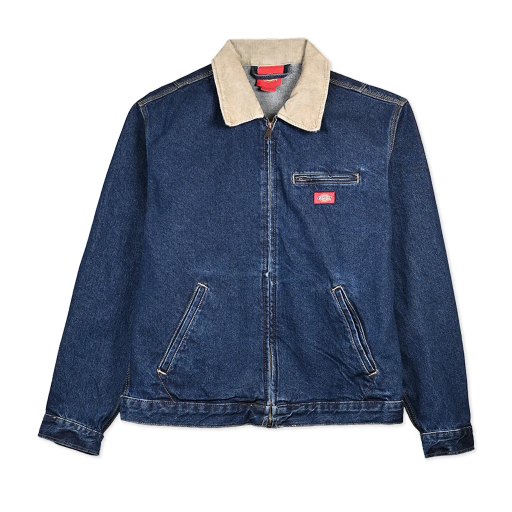 Dickies Blue denim jacket with beige collar on a white background