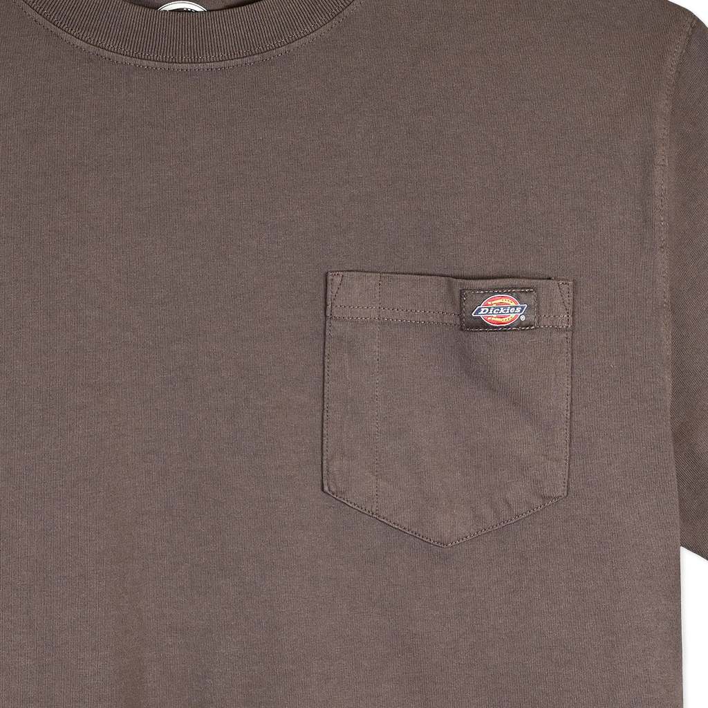 Brown Dickies t-shirt with a pocket and Dickies logo on a white background