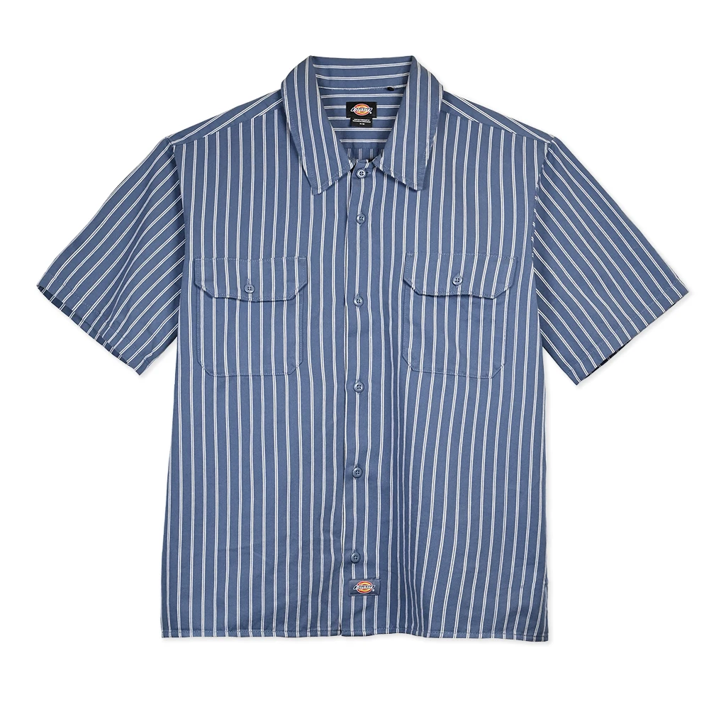 Blue and white striped shirt with short sleeves on a white background