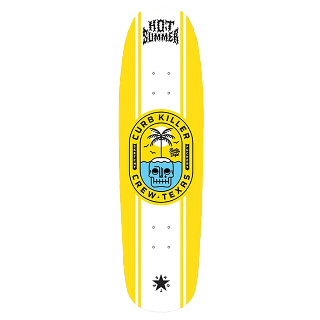 Hot Summer Yellow and white skateboard deck with a logo and text on a white background