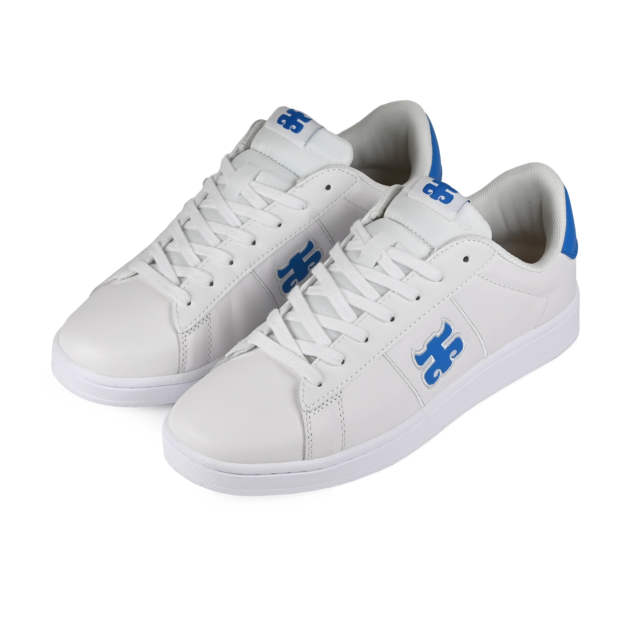 A pair of White leather I-Path Footwear Ace skateboard sneakers with royal blue branding on a white background