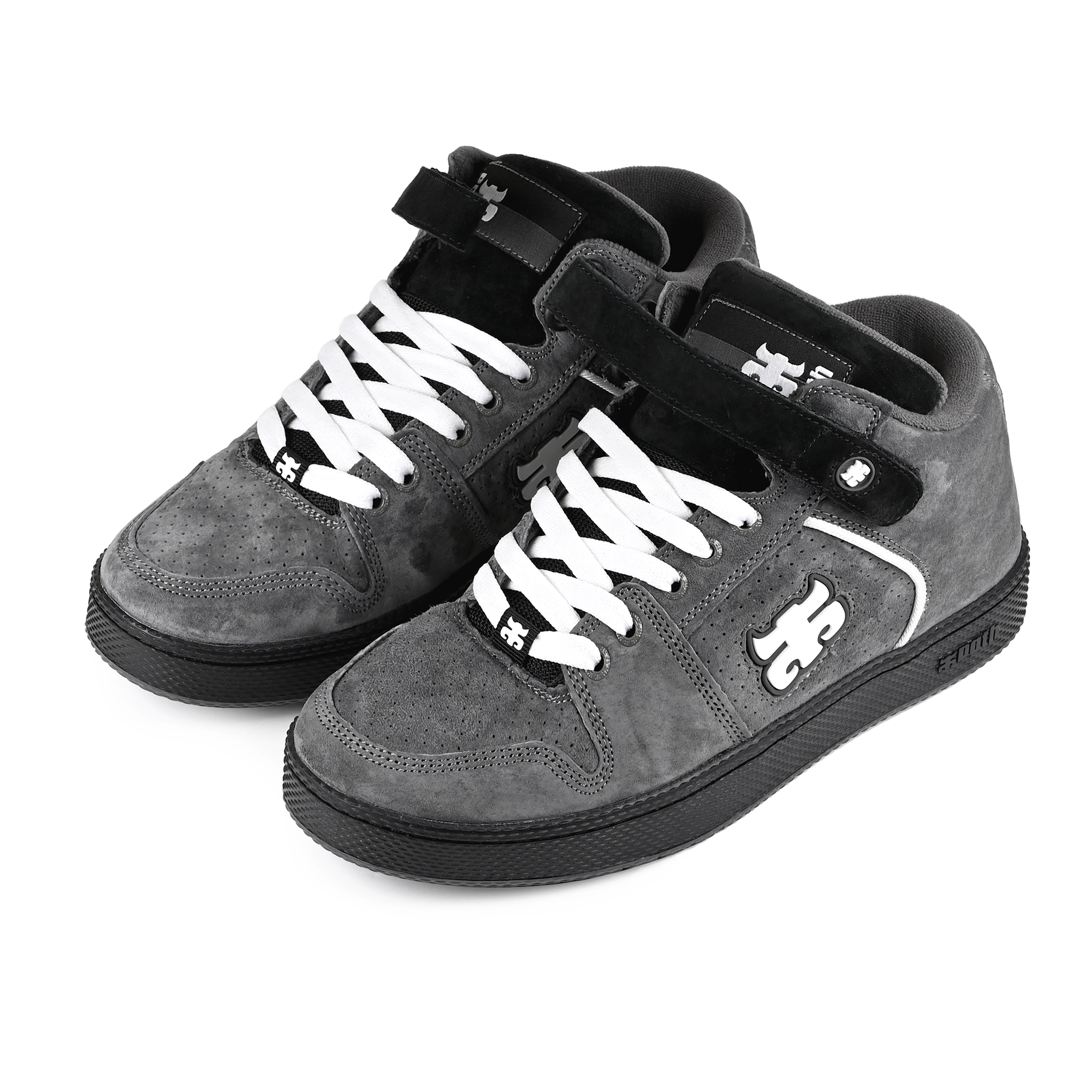 A pair of Grey suede I-Path Footwear Grasshopper Mid skateboard sneakers with a black sole on a white background