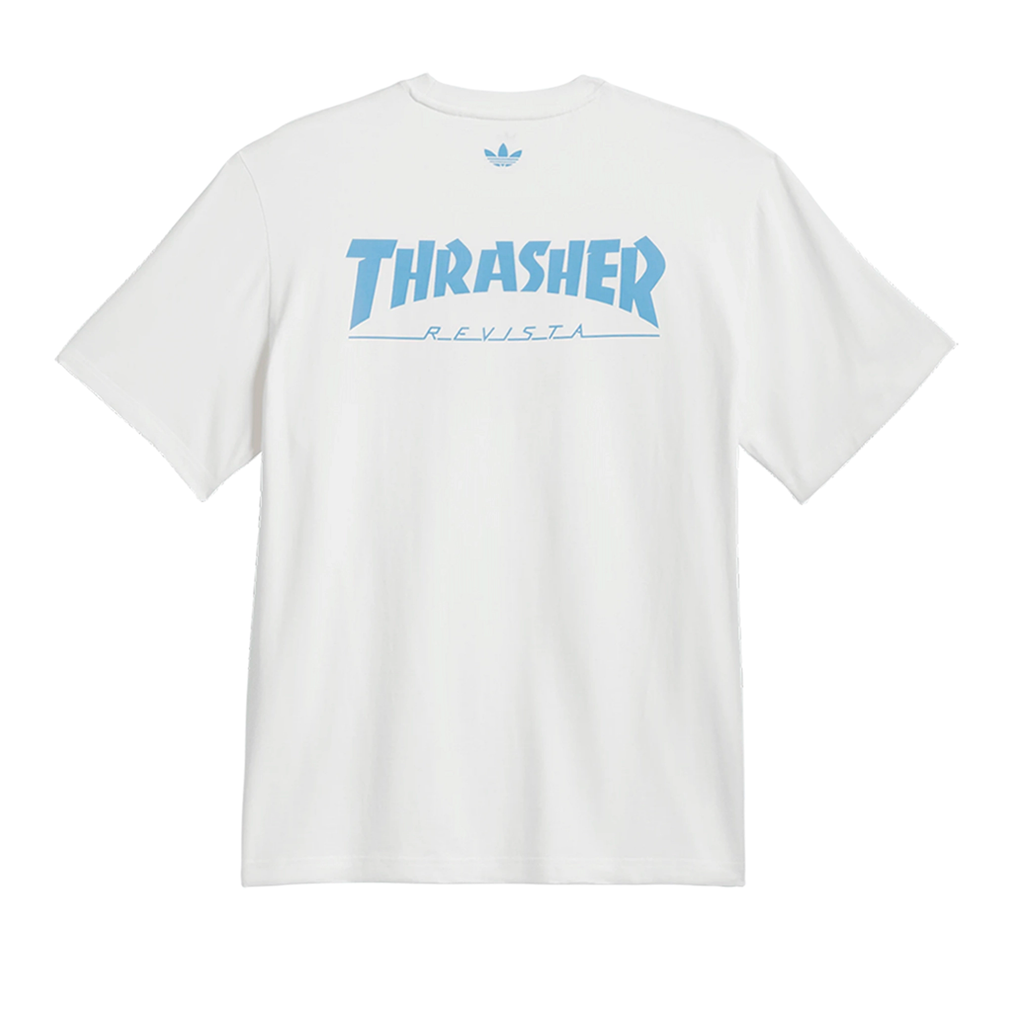 Back of a white adidas Skateboarding x Thrasher Magazine x Argentina Football Association tee shirt on a white background