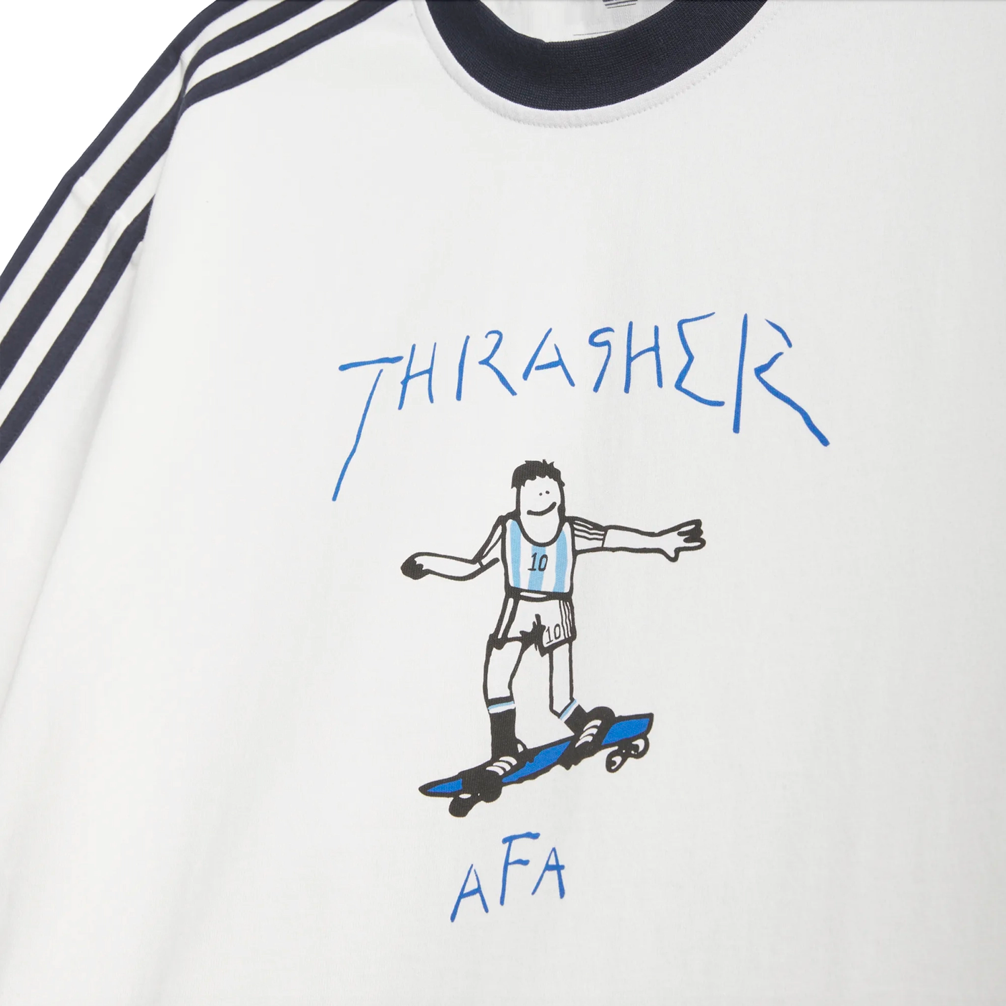 Close up of White adidas Skateboarding x Thrasher Magazine x Argentina Football Association Gonz ringer tee shirt with black stripes on a white background