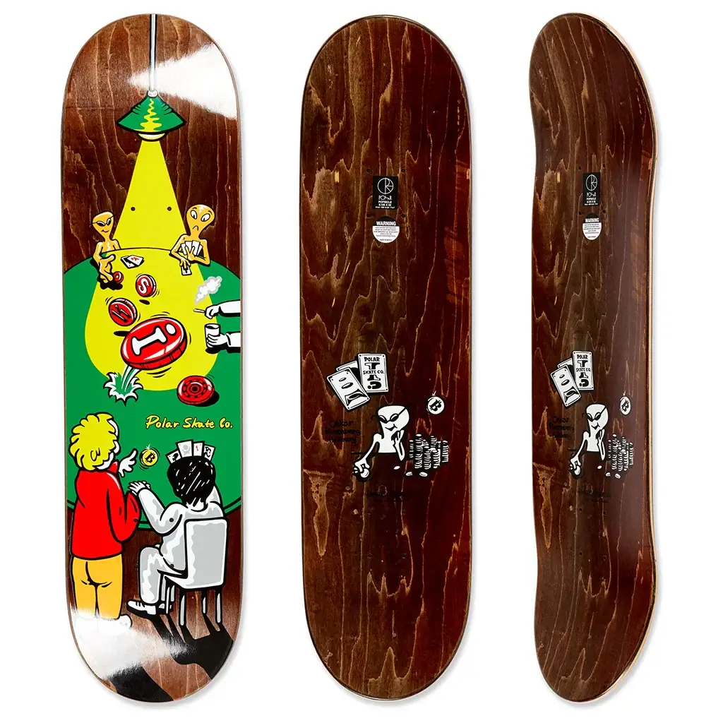 Polar Skate Co. Oskar Rozenberg Poker Face Deck 8.12 with vibrant artwork, features varying veneer color, grip tape sold separately.