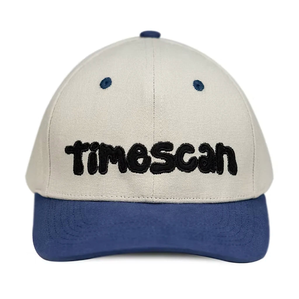 Beige and blue Time Scan Twister cap with 'Timescan' branding on a white background