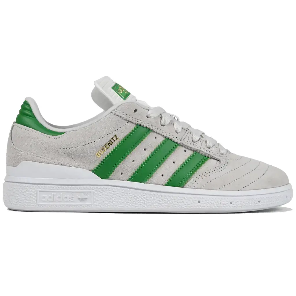 Adidas Skateboarding Busenitz Shoes in Cloud White and Green with premium leather upper and iconic three stripes design.