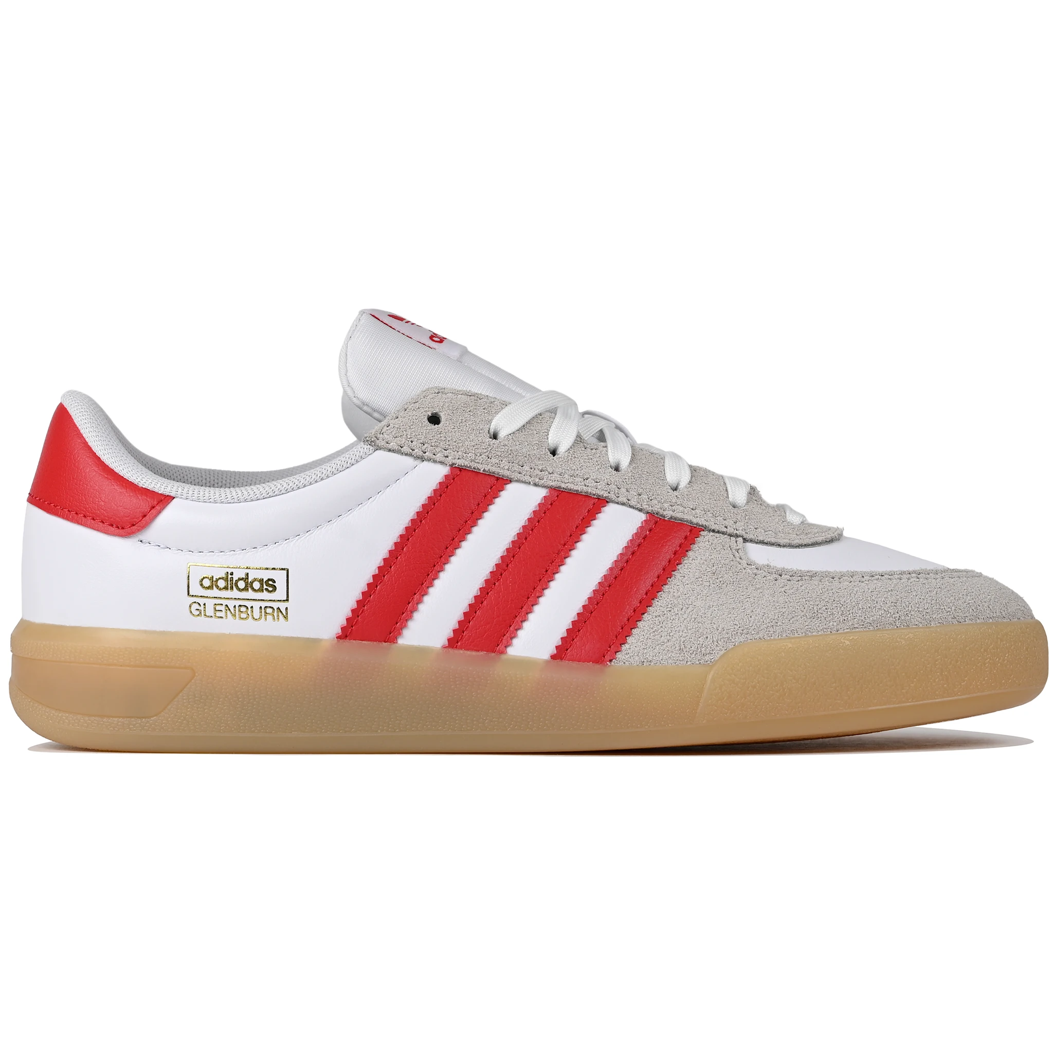 Footwear white adidas Skateboarding Glenburn skateboard sneaker with better scarlet stripes on a white background