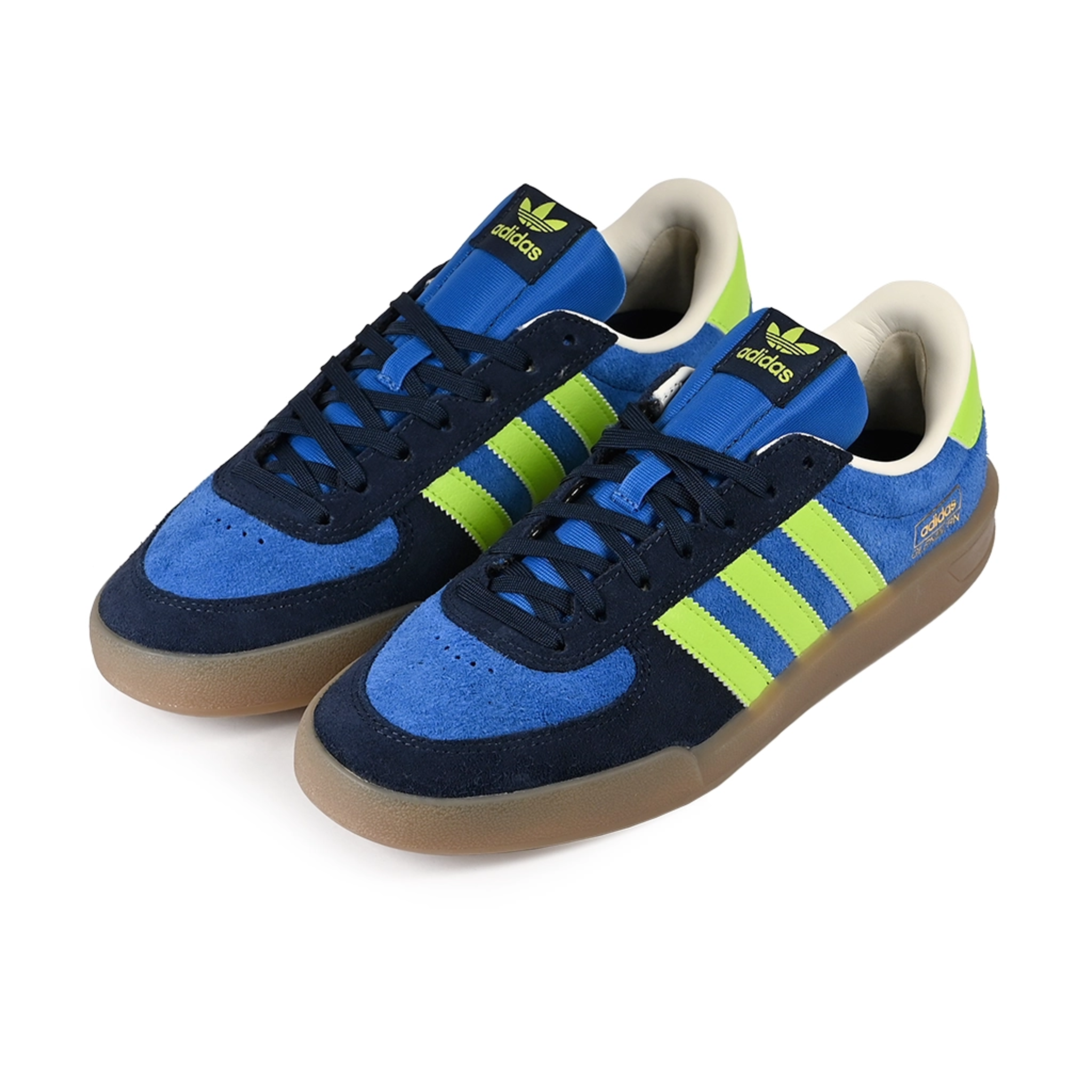 A pair of Bright royal adidas Skateboarding Glenburn skateboard sneakers with solar slime stripes on a white background
