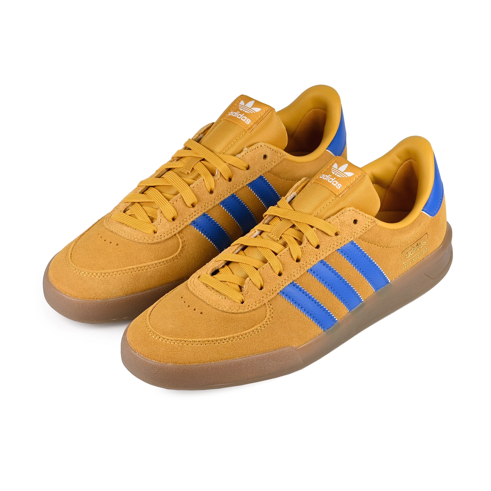 A pair of Preloved yellow adidas Skateboarding Glenburn skateboard sneakers with Bright Royal stripes on a white background