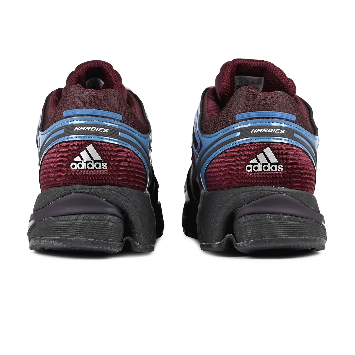 Heel details of Aurora Ruby adidas Skateboarding x Hardies NYC Adistar Control 5 men's sneakers on a white background