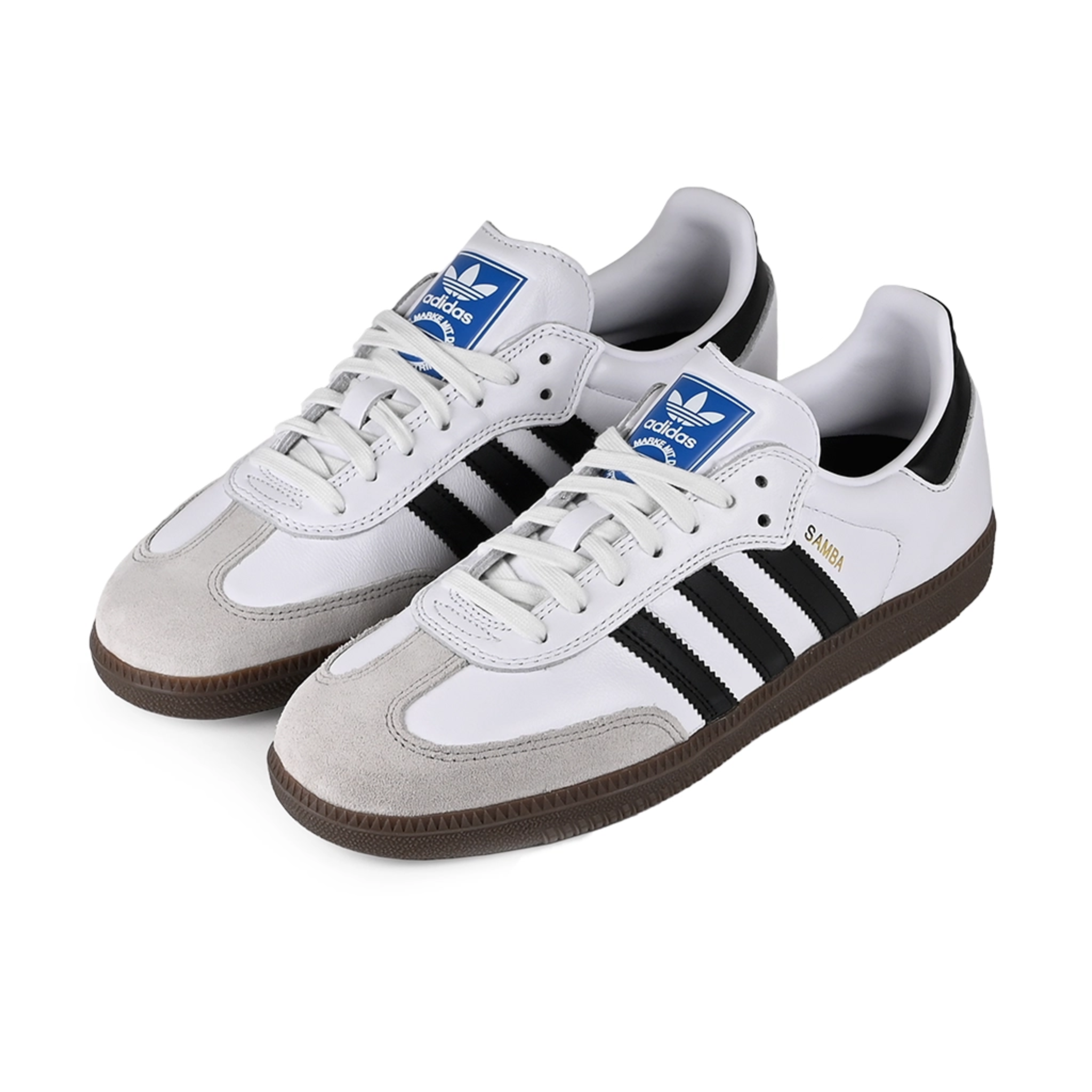 A pair of white Adidas Samba sneakers with black stripes on a white background