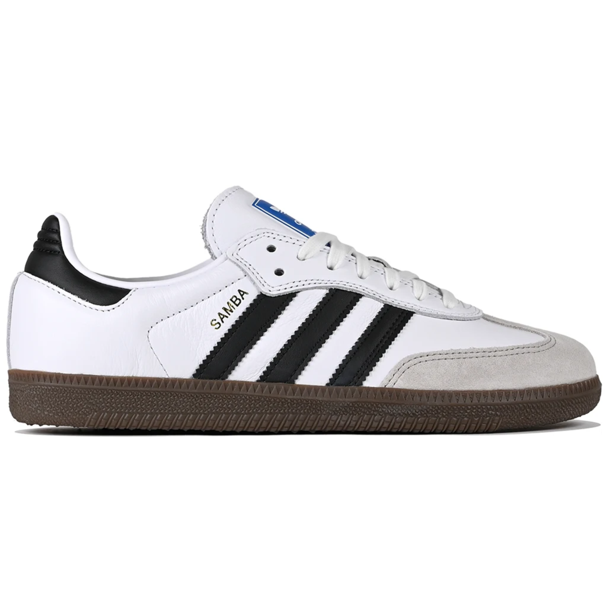White Adidas Samba sneaker with black stripes on a white background