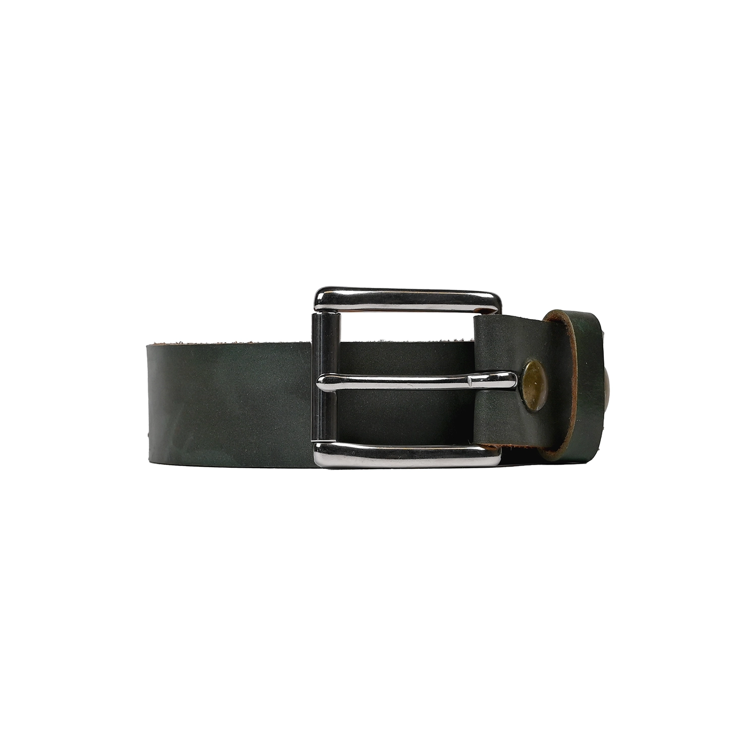 Green camo leather belt with a silver buckle on a white background