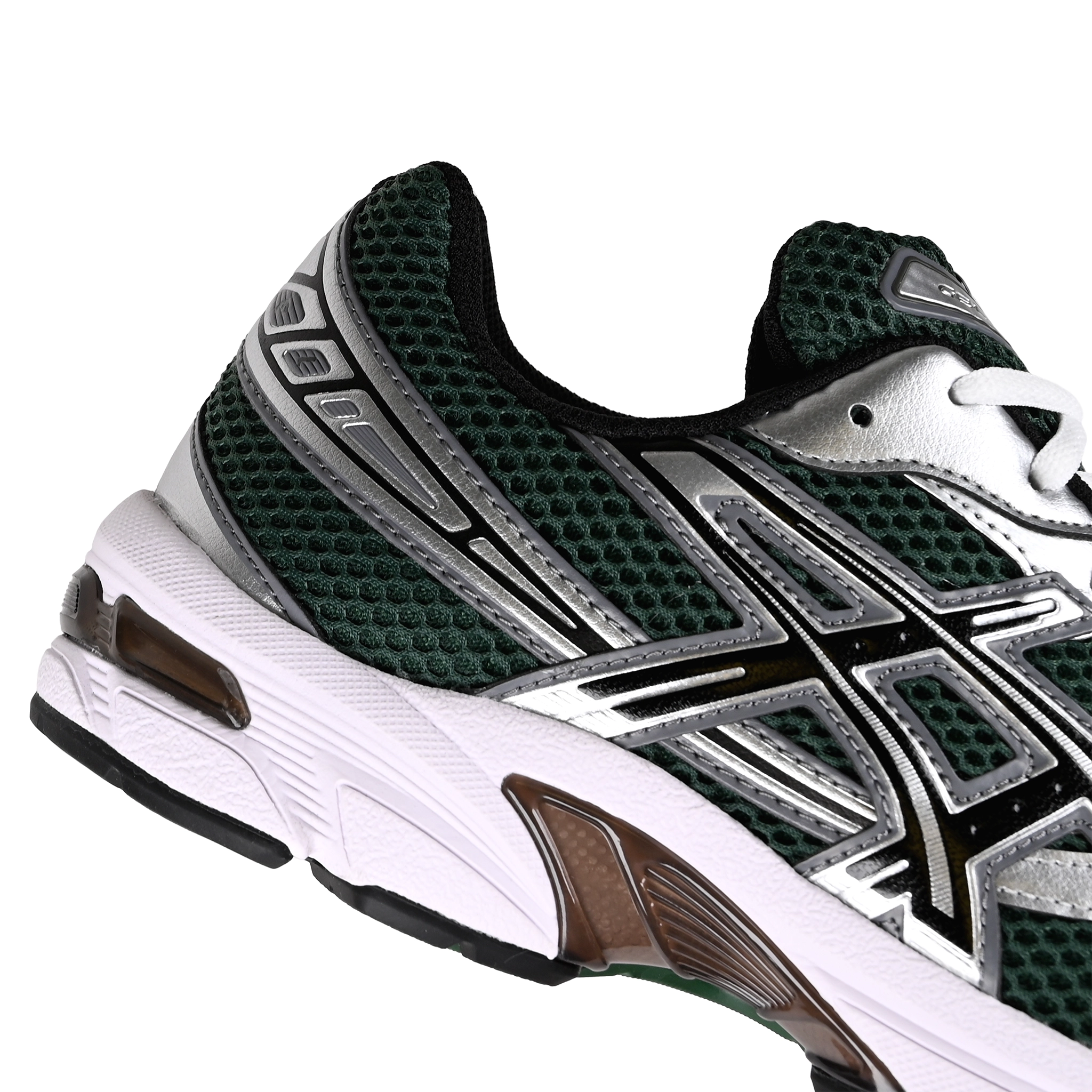 Close up of Evergreen and silver Asics GEL-1130 Sportstyle sneaker with Onitsuka branding on a white background