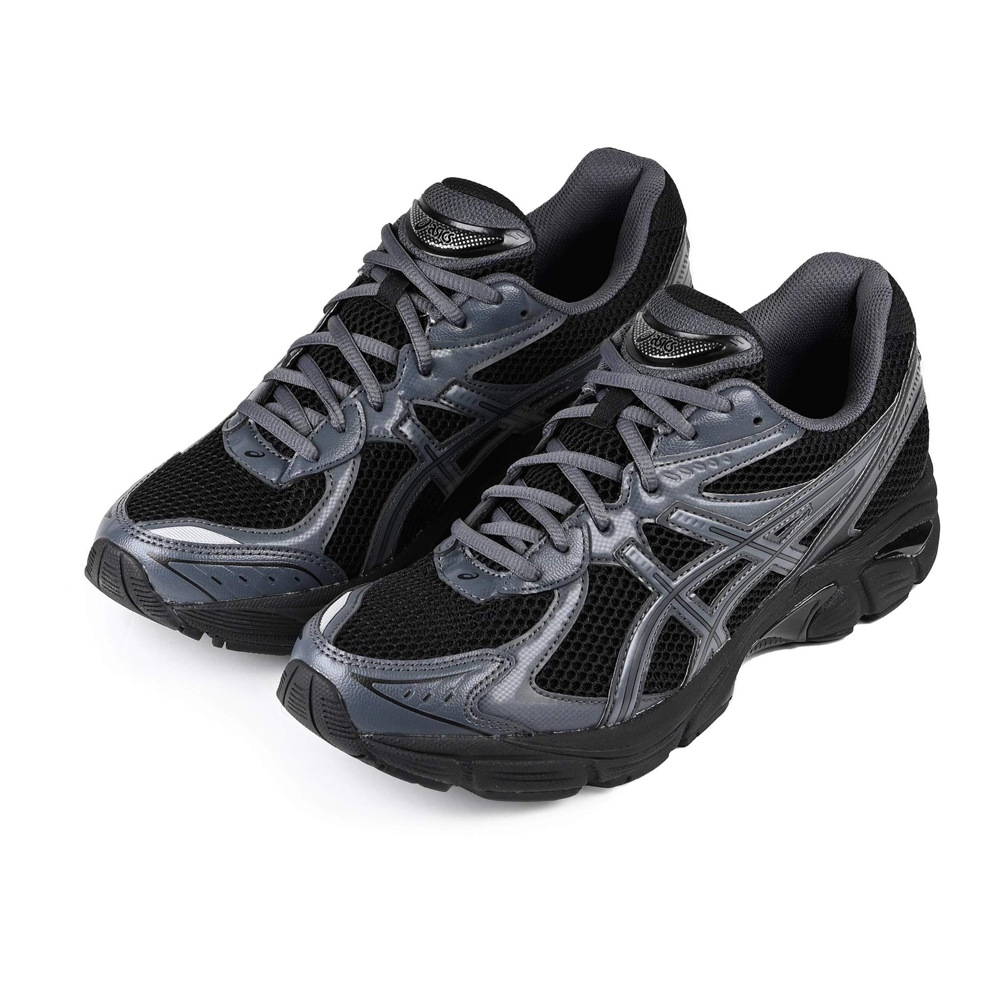 A pair of Black Asics GT-2160 Sportstyle sneakers with carbon grey 'onitsuka' branding on a white background