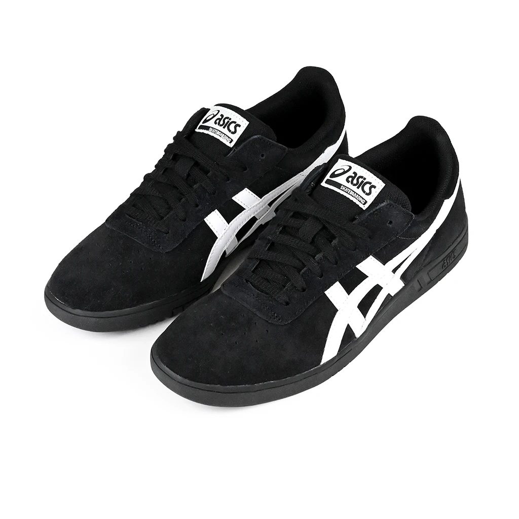 A pair of Black and white Asics Skateboarding GEL-Vickka Pro sneakers with 'Onitsuka' branding on a white background