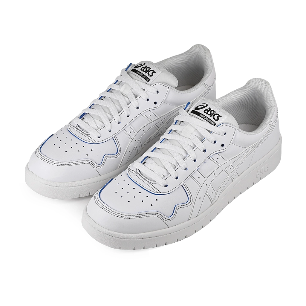 White Asics Skateboarding sneakers with blue accents on a white background