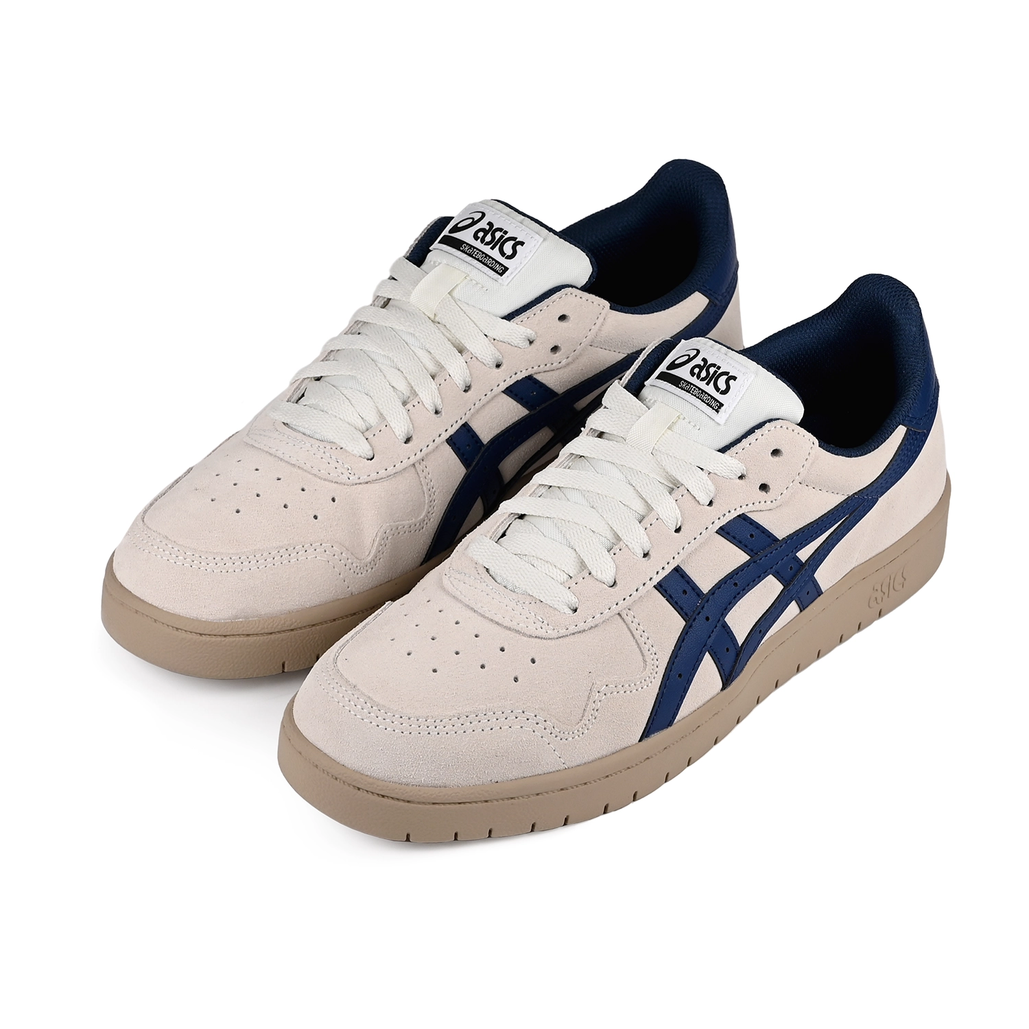 A pair of Asics Skateboarding Japan Pro cream and blue sneakers with 'Onitsuka' branding on a white background
