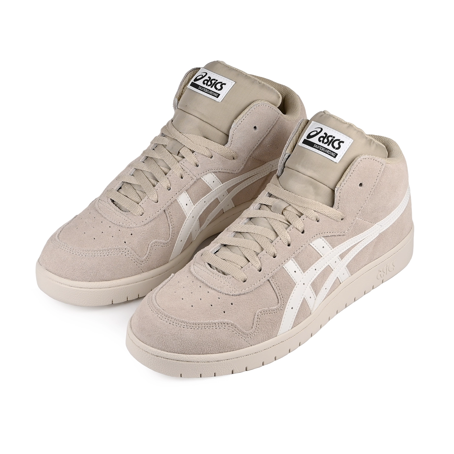 A pair of Asics Skateboarding Japan Pro Mid feather grey sneakers with 'Onitsuka' branding on a white background