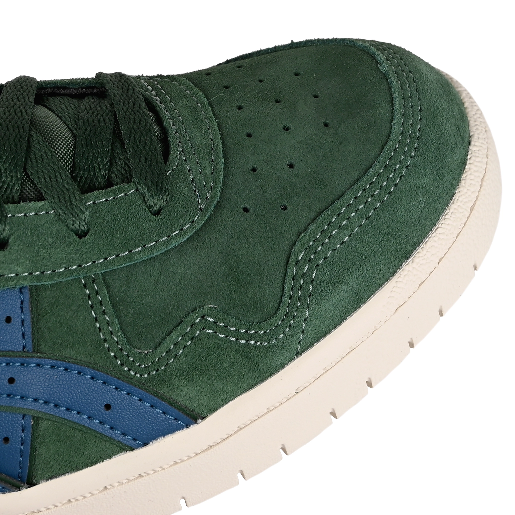 Toe box of Forest night Asics Skateboarding Japan Pro skateboard sneaker with Mako Blue Onitsuka branding on a white background