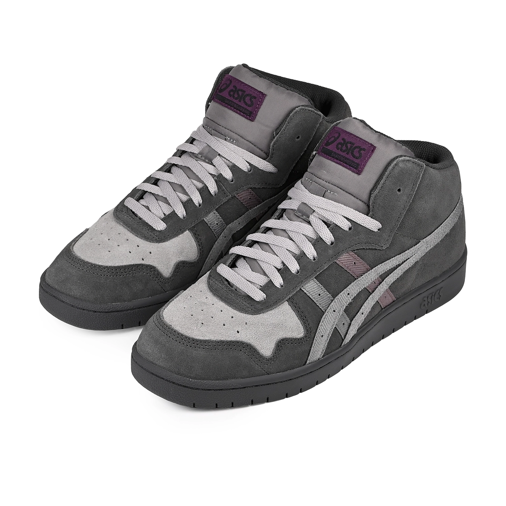 A pair of Graphite grey and clay grey ASICS Japan Mid Pro skateboard sneakers with 'Onitsuka' branding on a white backgorund